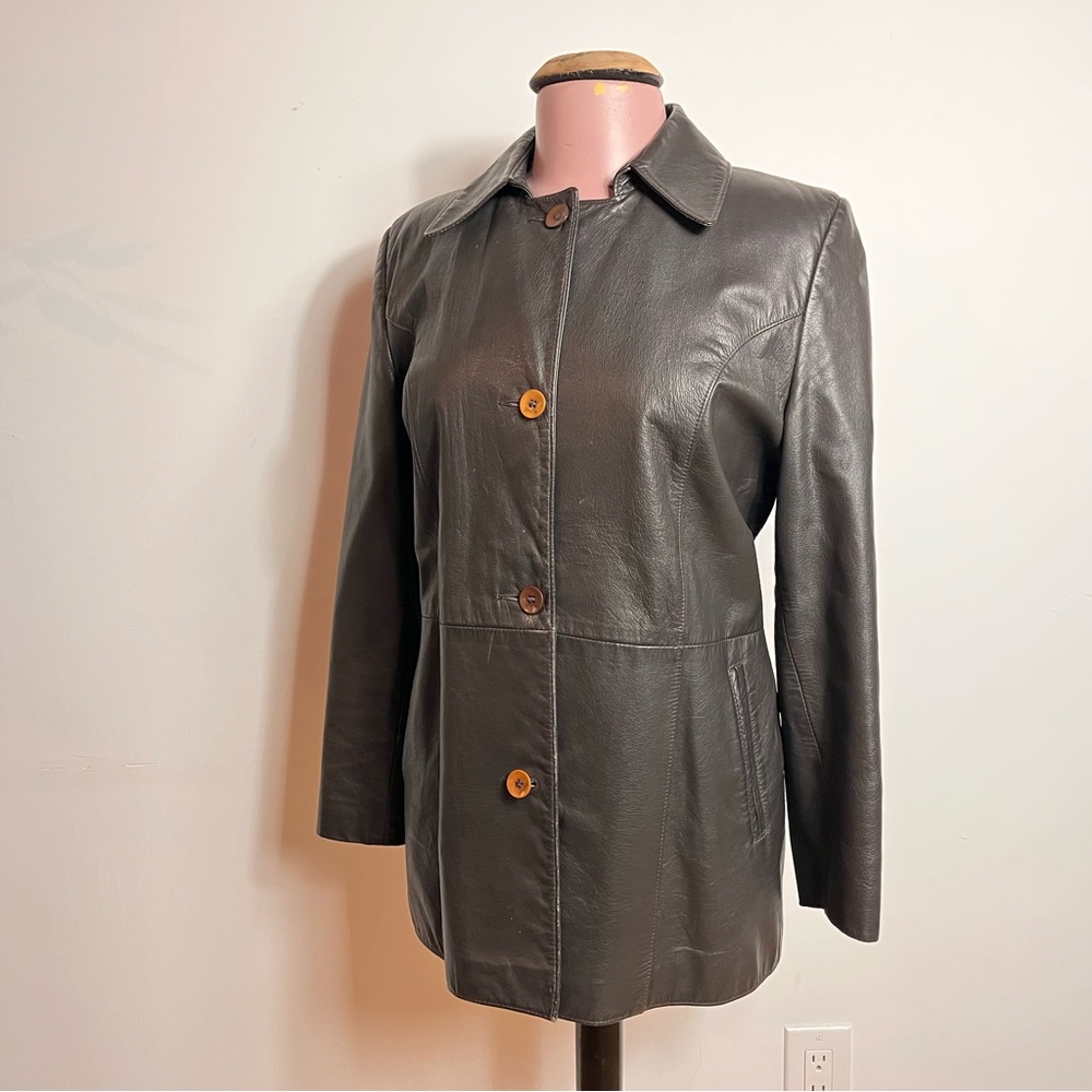 DIMITRI Vintage Women's Brown Leather Jacket with Button Detail